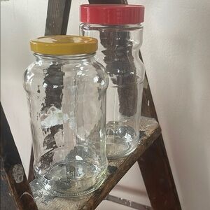 Glass Storage Jars with Red and Yellow Lids